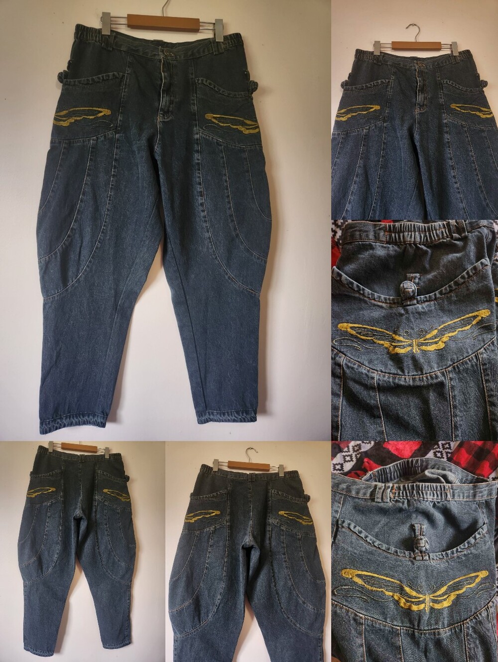 Vintage Y2K Harajuku Balloon Jeans Butterfly Embroidery Dark Wash Barrel